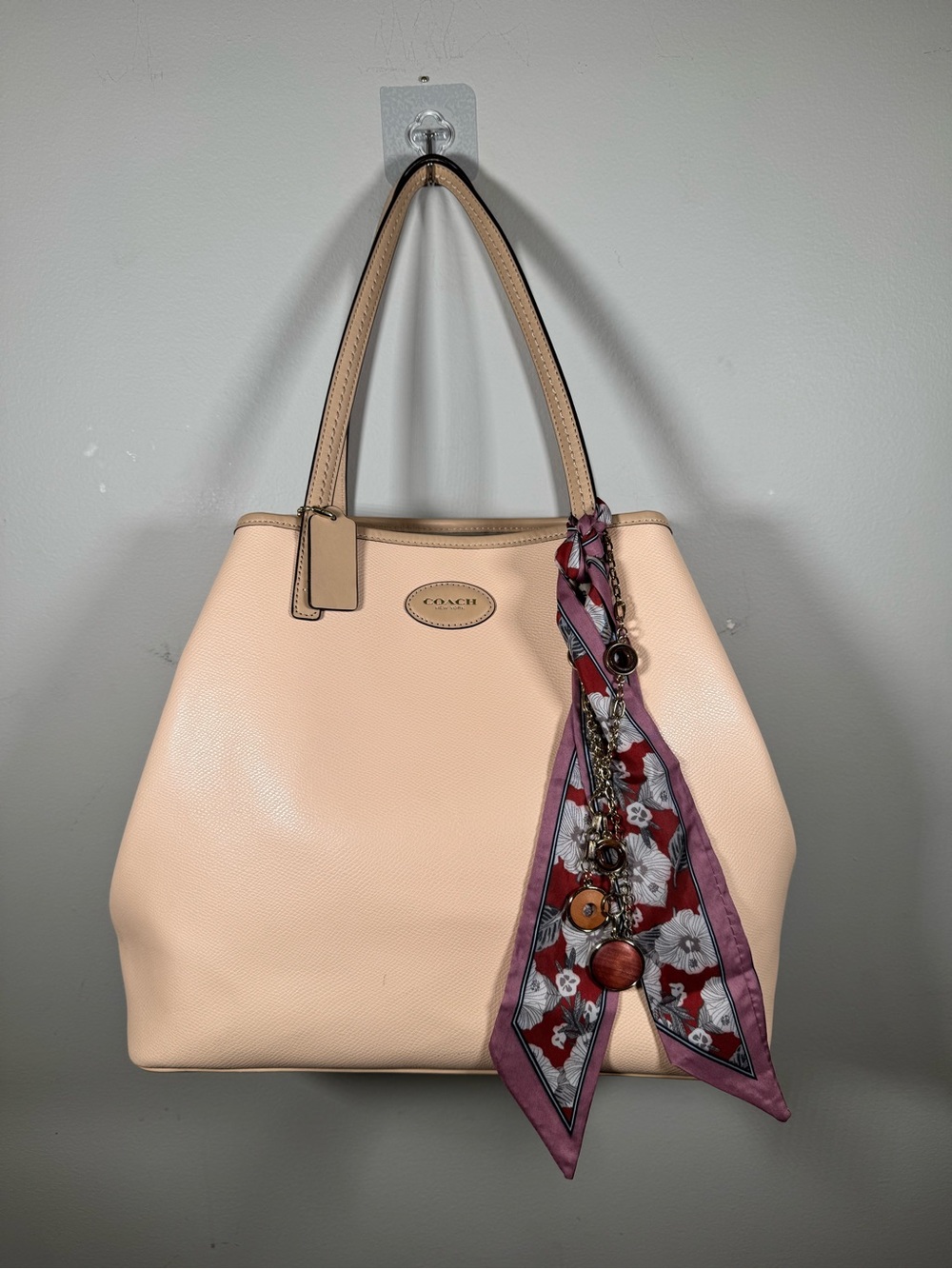 Coach Leather Shoulder Bag in Blush with Floral Scarf and Charm